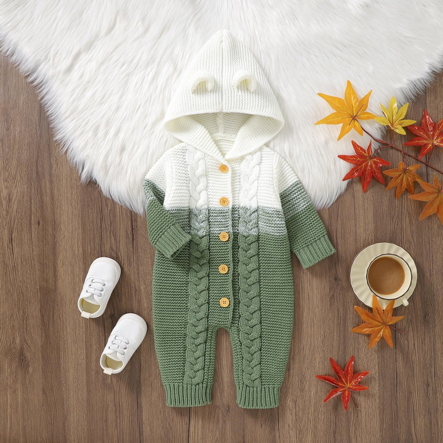 OBEEII Newborn Baby Knitted Romper Jumpsuit with Hood Ear Onesies Pullover Winter Warmer Onesie Bodysuit for Boys Girls