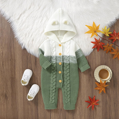 OBEEII Newborn Baby Knitted Romper Jumpsuit with Hood Ear Onesies Pullover Winter Warmer Onesie Bodysuit for Boys Girls