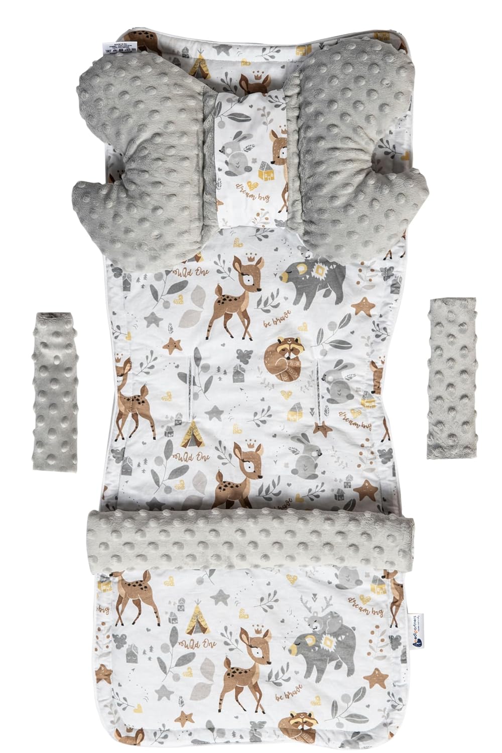 Sitzauflage Kinderwagen Buggy Baby Sommer Kindersitz Einlage Universal - 5tgl Gurtpolster + Spielbogen Kinderwagenset Babyschale (Safari mit beige Minky)