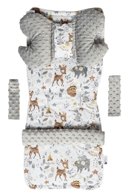 Sitzauflage Kinderwagen Buggy Baby Sommer Kindersitz Einlage Universal - 5tgl Gurtpolster + Spielbogen Kinderwagenset Babyschale (Safari mit beige Minky)