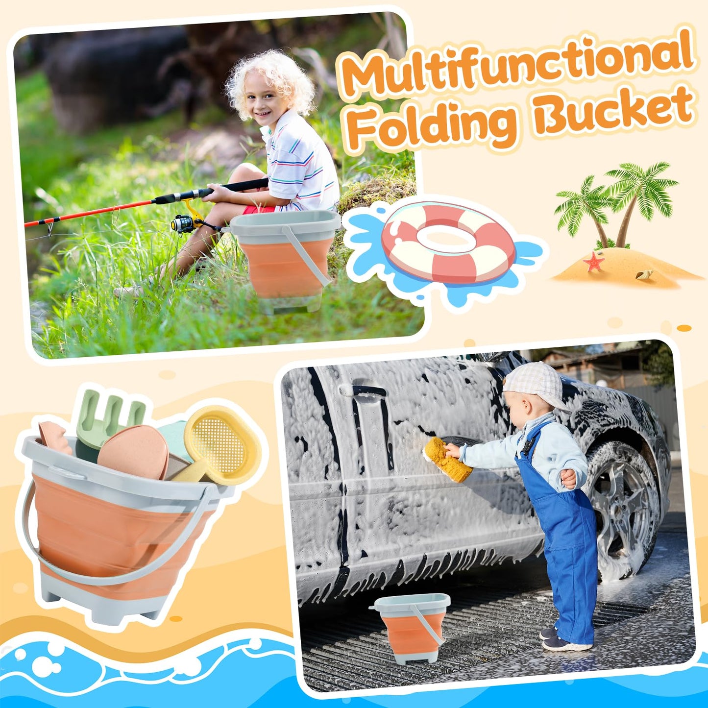 Euakee Sand Toy for Children, 11 Pieces Sand Toys with Foldable Bucket, Sanity Toy Set, Sand Toy Beach, Sandpit Toy for Children 3 4 5 6 7 Years (Orange)