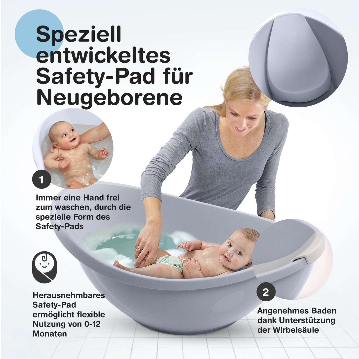 BabybeFun Baby Badewanne mit Badewanneneinsatz für Neugeborene [Testsieger] Rutschfeste Babybadewanne für Babys und Kleinkinder [0-12 Monate] Babywanne für Dusche Badewanne Weiß