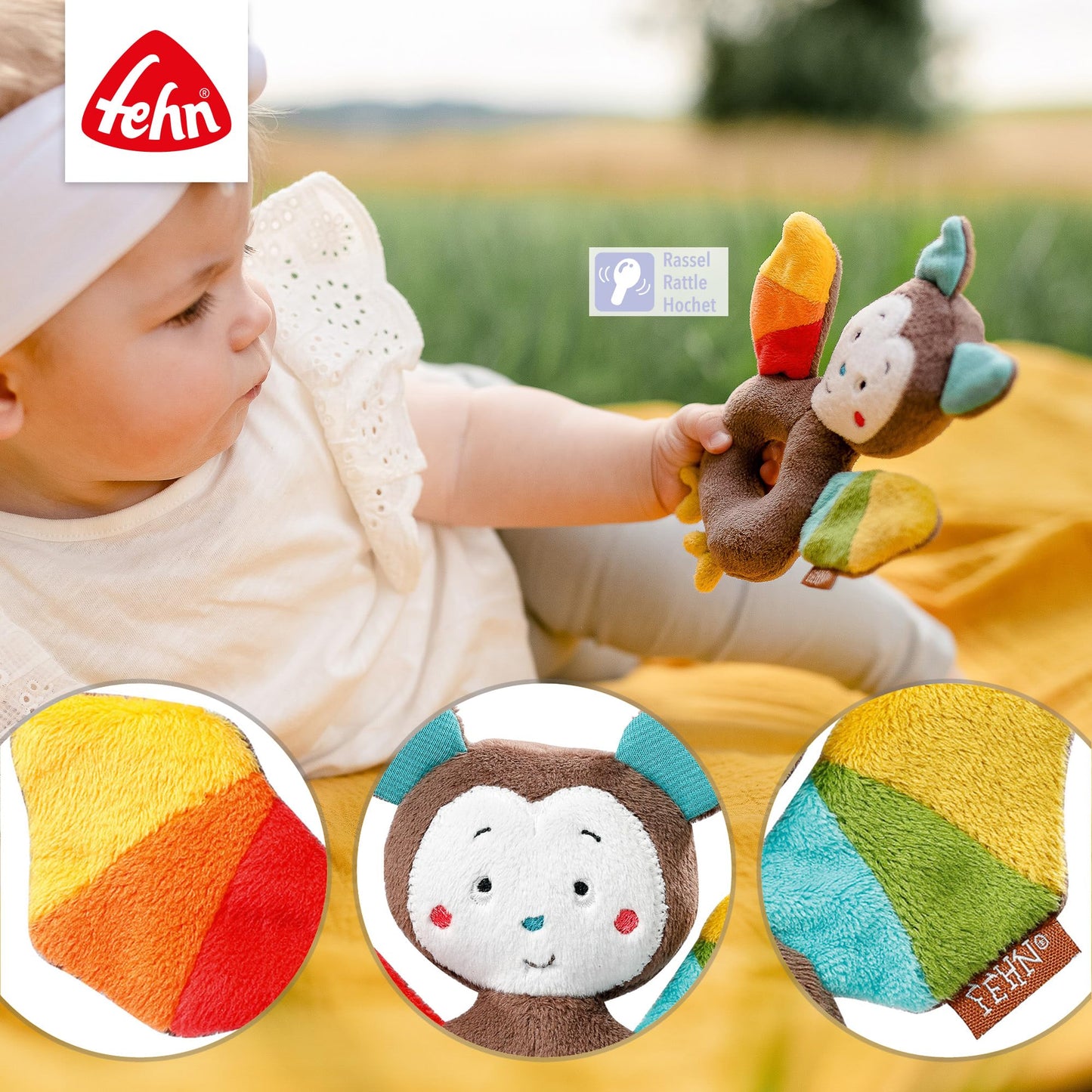 Fehn Baby Ring Greifling Lama - Kuscheltier Babyspielzeug mit Rassel - Motorikspielzeug für das spielerische Lernen - Plüschtier als Einschlafhilfe - Spielzeug für Babys & Kleinkinder ab 0+ Monaten