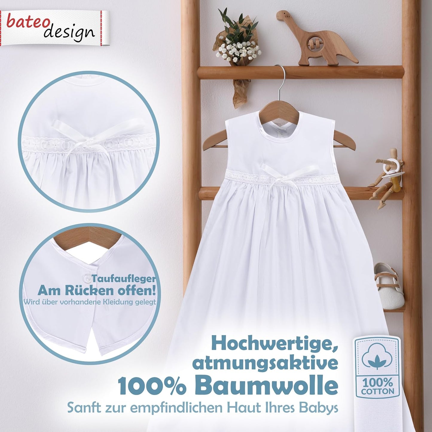 Weiße Baumwolle Taufe Topper mit Kordelzug Spitze und Satin Band - Perfekt für Jungen und Mädchen Unisex Tauf Cape, Schleife weiß