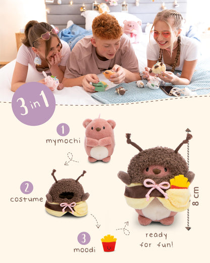 NICI MYMOCHI Kuscheltier Set - Kuscheltier Bär Nomo 8 cm mit Pommes und Bienenkostüm in Geschenkbox, Flauschiges Stofftier zum Kuscheln, Spielen und Liebhaben - 61142