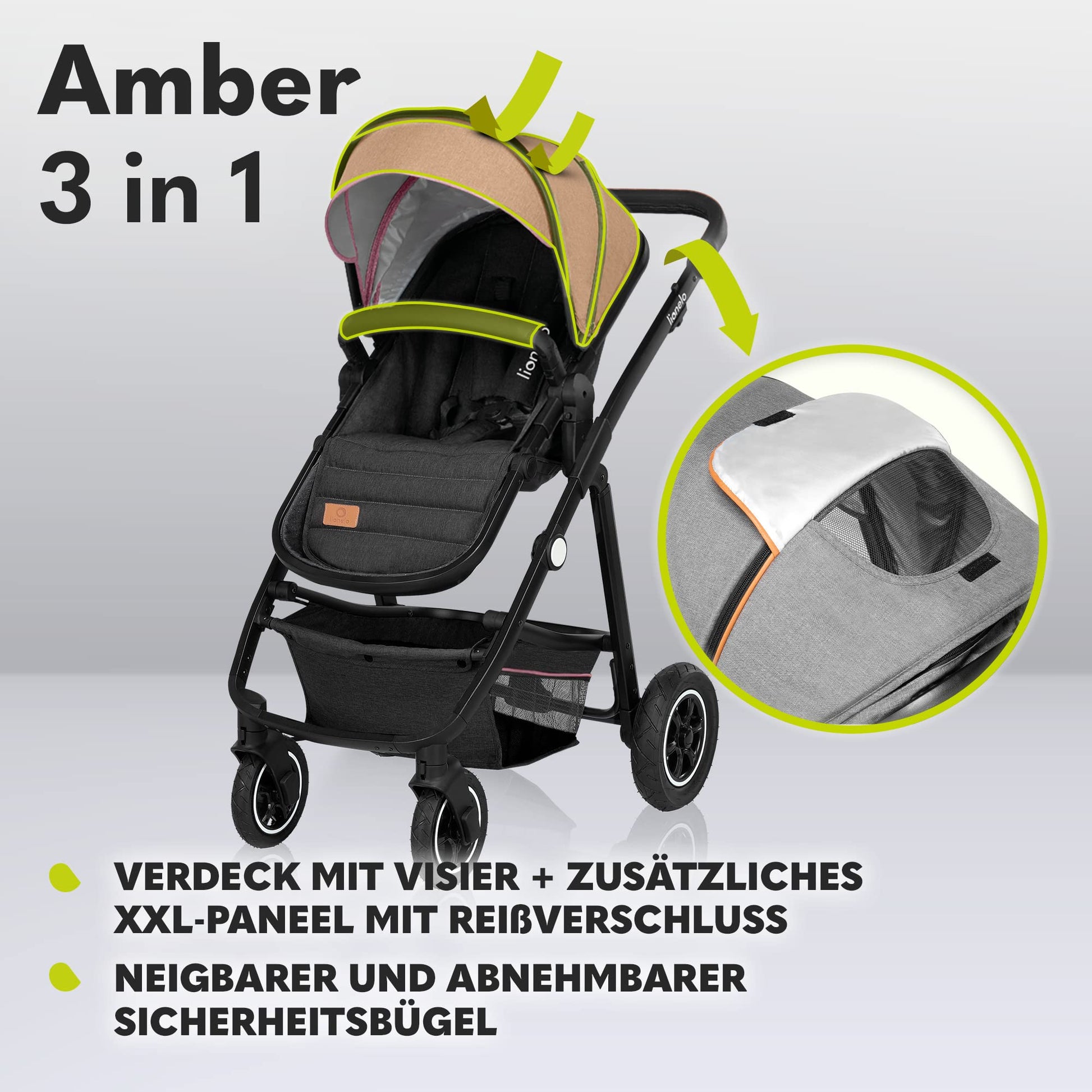 LIONELO MERIL 3-in-1 Multifunktionaler Kinderwagen 0-48 Monate Bis zu 22 kg, Babywanne bis zu 9 kg, Kindersitz bis zu 13 kg, Geländeräder 360°, Vollfederung, XXL-Verdeck mit UPF50+ - Meloni2