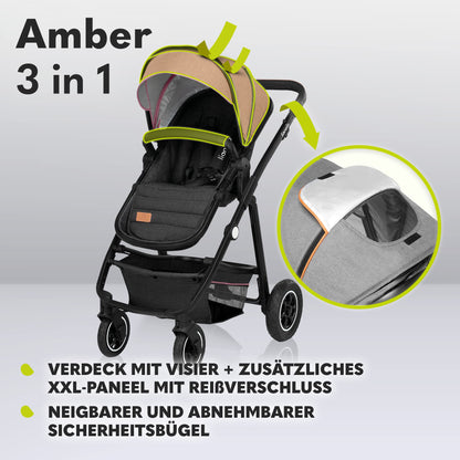 LIONELO MERIL 3-in-1 Multifunktionaler Kinderwagen 0-48 Monate Bis zu 22 kg, Babywanne bis zu 9 kg, Kindersitz bis zu 13 kg, Geländeräder 360°, Vollfederung, XXL-Verdeck mit UPF50+ - Meloni2