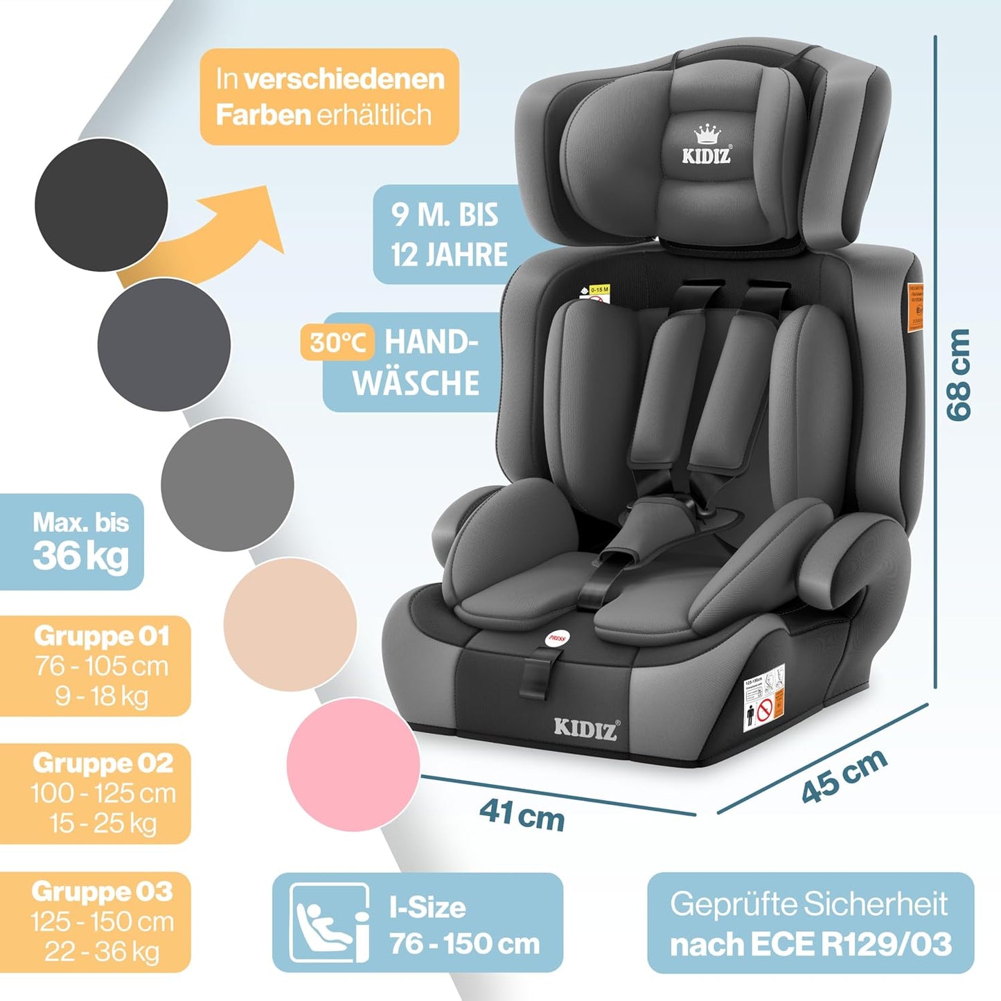 Autokindersitz mit Isofix i-Size R129 100-150cm bis 12 Jahre, Kinderautositz Gruppe 1/2/3, mitwachsender Kindersitz, 5-Punkt-Gurt & höhenverstellbare Kopfstütze, Sitzerhöhung Auto, Schwarz