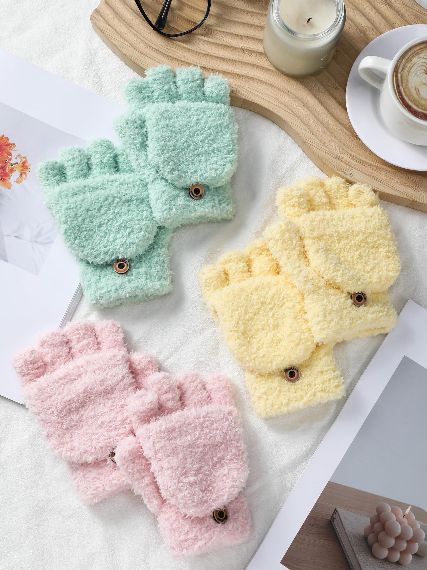 Geyoga 3er Pack Fingerlose Handschuhe mit Klappe Damen Winter Halbfinger Fäustlinge Handschuhe für Kinder