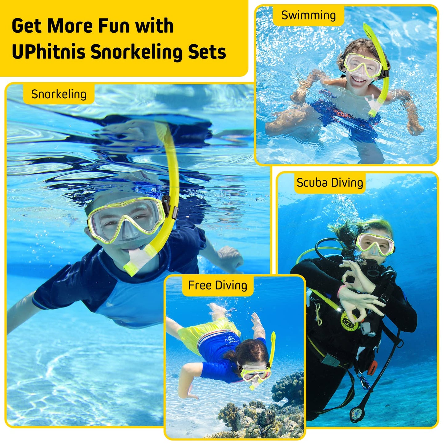 UPhitnis Kinderschnorchelset mit Flossen, Antibeschlag 180° Panorama Taucherbrille, verstellbare Schwimmflossen und Premium Dry Schnorchel, 3-in-1 Schnorchelset für Kinder mit Tragetasche