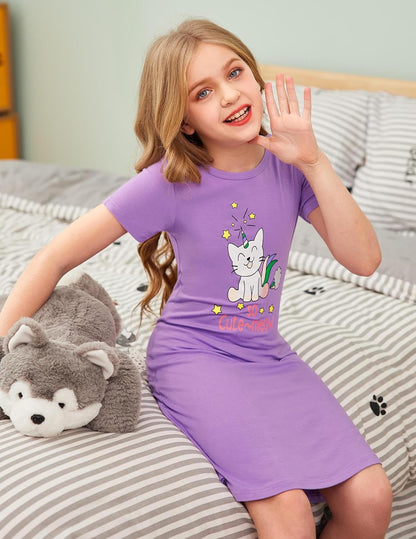 Arshiner Nachthemd Mädchen Kurzarm Pyjamas Kinder Schlafkleid Katze Einhorn Rundhals Nachtkleid 4-12 Jahre