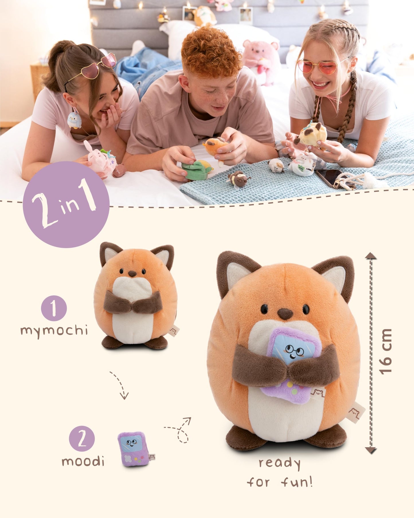 NICI MYMOCHI Fuchs Kuscheltier Geeks 16 cm mit Videospiel in Geschenkbox 11x12x6,5 cm, Flauschiges Stofftier zum Kuscheln, Spielen und Liebhaben - 61151