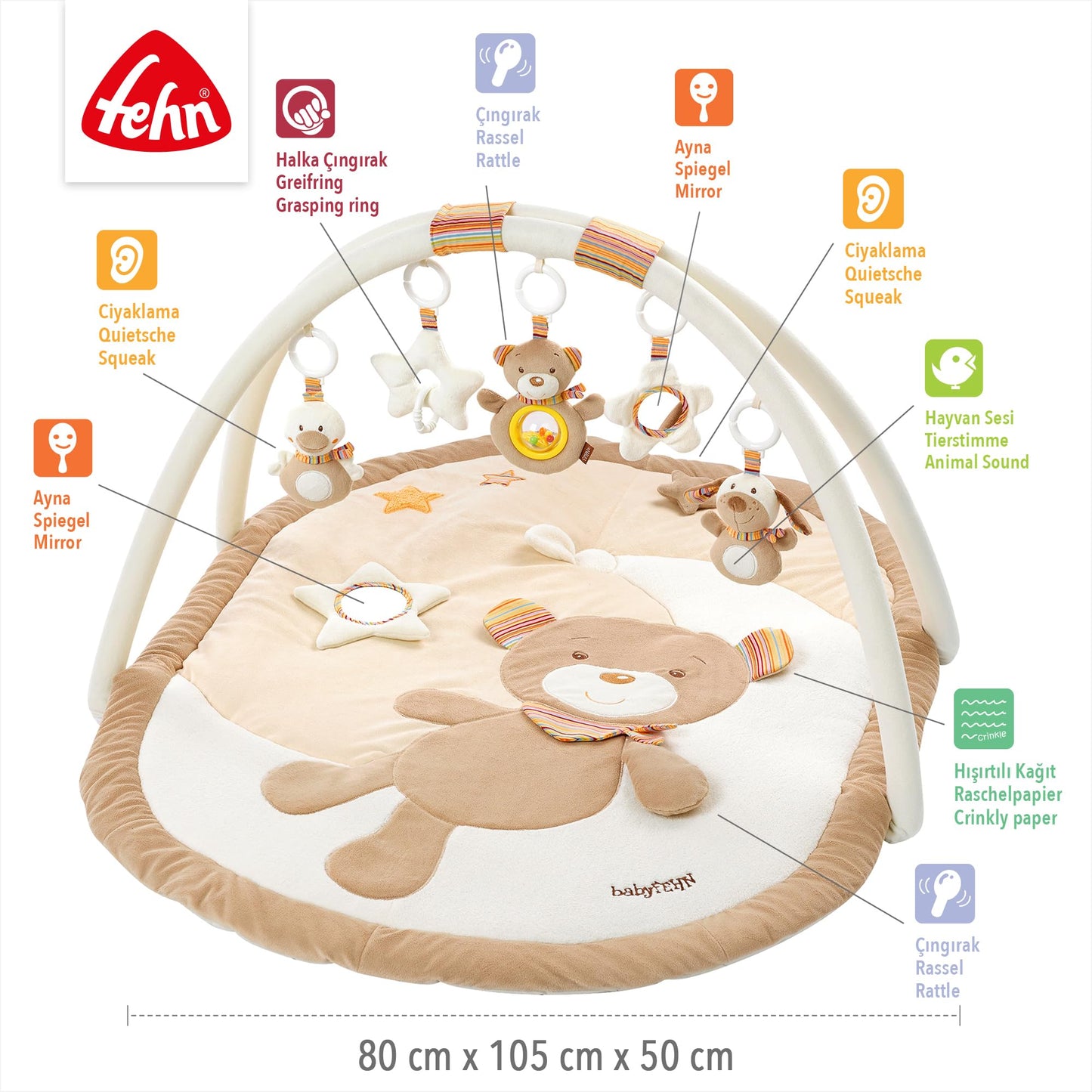 Fehn 3-D-Activity-Decke Spielbogen Peru – Baby Krabbeldecke mit 5 abnehmbaren Spielzeugen zum Greifen – Spieldecke für Babys und Kinder ab 0+ Monaten – Krabbelmatte als Geschenk zur Geburt