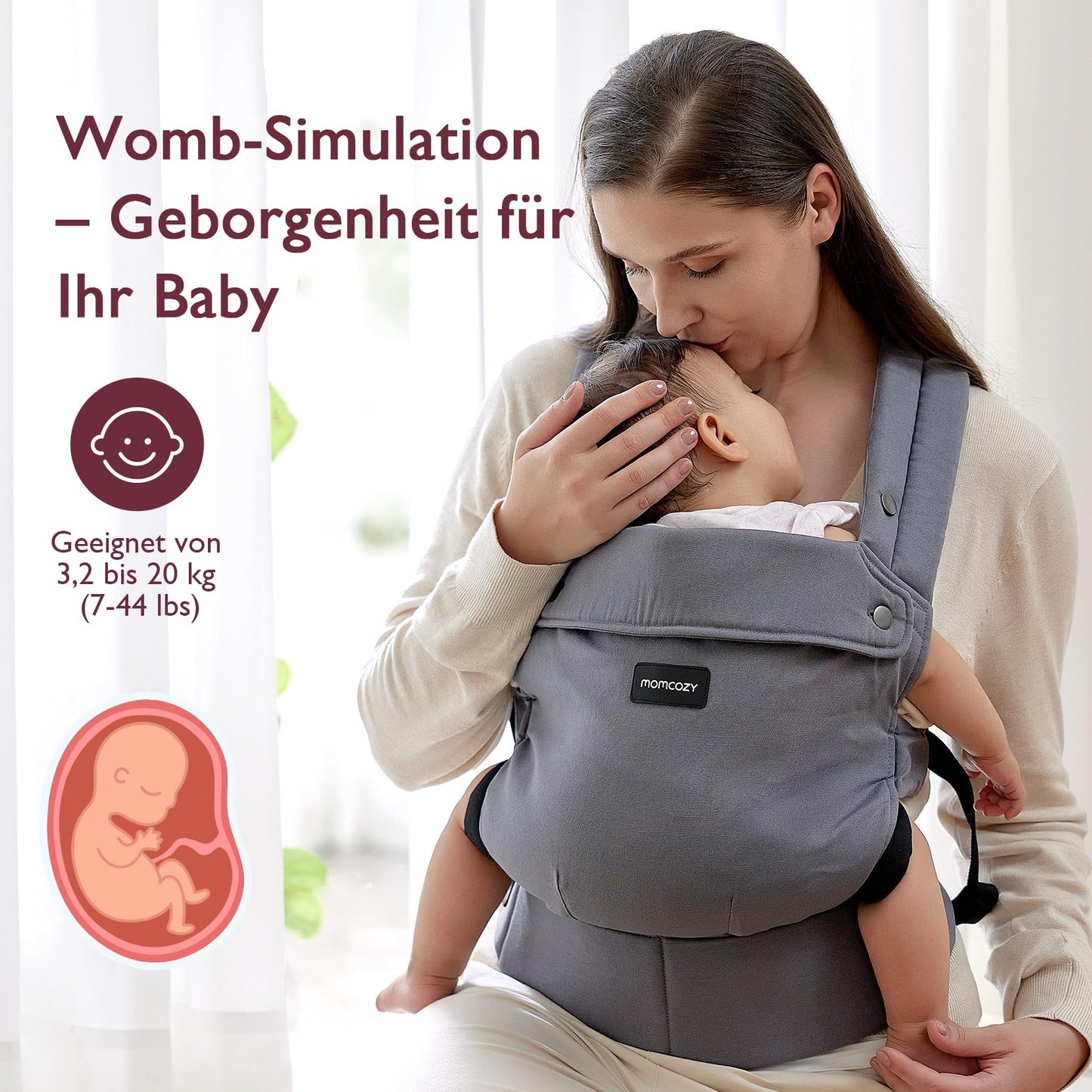 Momcozy Babytrage aus 100% Baumwolle – Baby Carrier für Kleinkind (3-24 Monate, 3,2-20 kg) · Ergonomische M-Position · X-Rücken · Taillengurt 64-127cm, Khaki