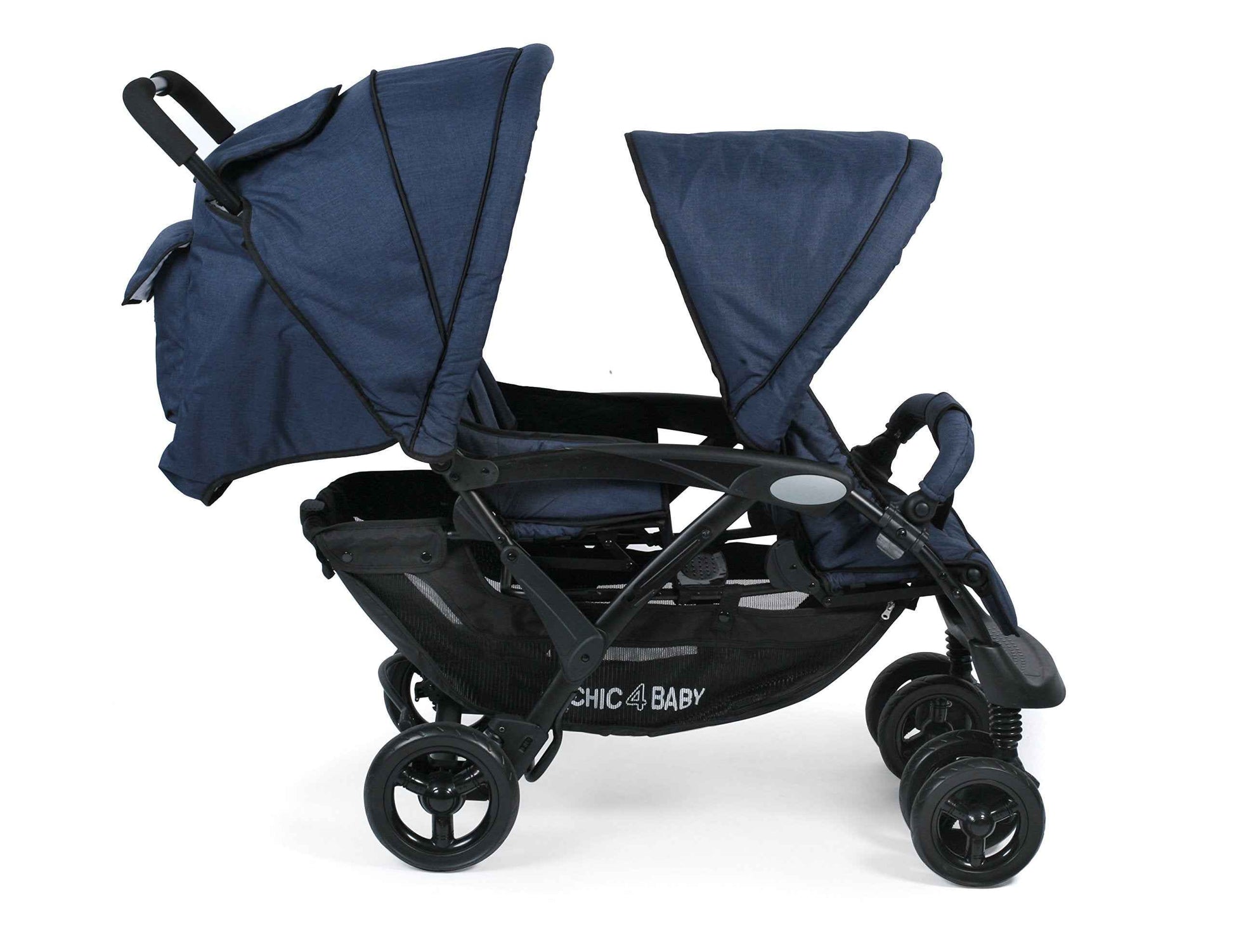 CHIC 4 BABY - Geschwisterwagen DUO mit Tragetasche und Regenschutz, Geschwisterkinderwagen für zwei Kinder, Zwillingswagen, Zwillingsbuggy, Tandemkinderwagen, Tandembuggy, Kinderwagen, Jeans grau
