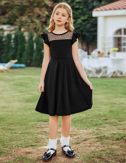 Arshiner Girls Dress Summer Dress Ruffle Short Sleeve Mesh A Line Casual Party Dresses with Pockets Kids Dresses for 6-13 Years 