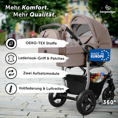 Bergsteiger Capri 3-in-1 Combination Pushchair - Baby Carrier, Sports Seat & i-Size Baby Seat, Pneumatic Tyres, Suspension, Height-Adjustable Handle, Foldable, Accessories