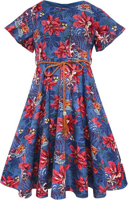 BONNY BILLY Mädchen Kleider Vintage Blumen Festlich Hochzeit Elegant Kinder Kleid mit Gürtel