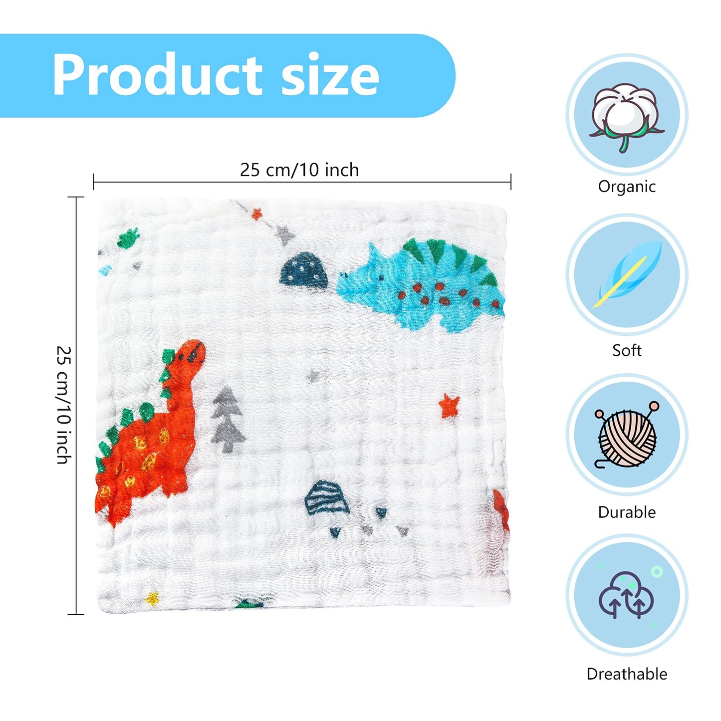 Koo-dib Baby Musselin Waschlappen Tuch Mullwindeln Spucktücher -Handtücher Weiche Neugeborene Gesichtstücher Saugfähig Junge Mädchen Sabberlätzchen 10 Stück 25x25 cm lätzchen