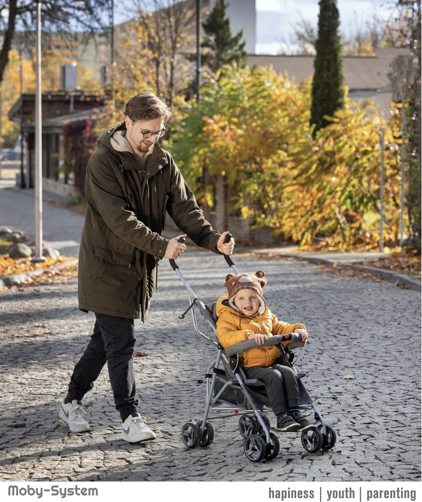 Moby-System, Buggy, superleicht und kompakt, bis 14 kg, verstellbare Rückenlehne, Doppelräder, schwenkbare Schaumstoffräder, faltbar, mit Sonnendach – idealer Kinderwagen für Spaziergänge, grau