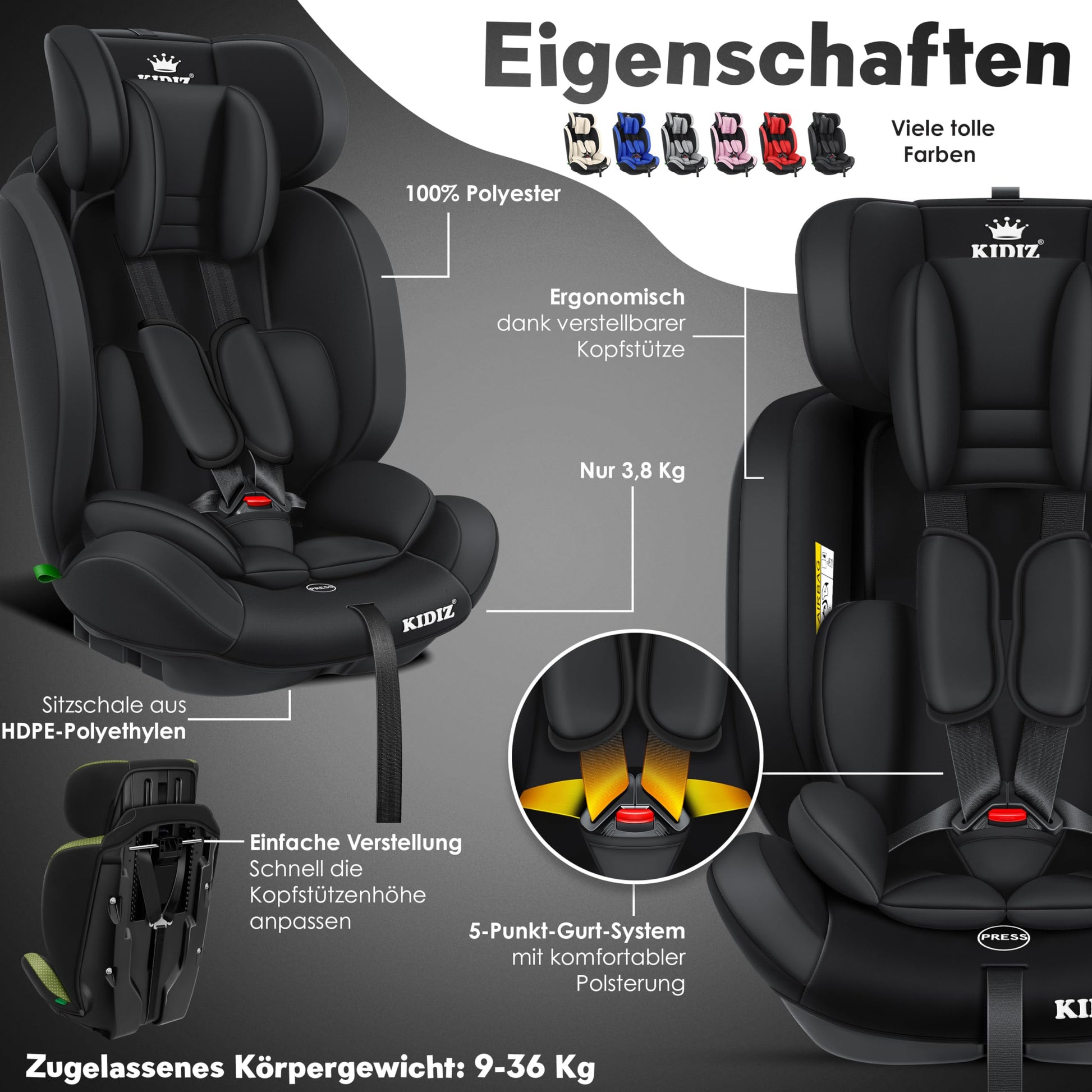KIDIZ® Autokindersitz Kinderautositz Gruppe 1+2+3 9-36 kg 5-Punkt-Sicherheitsgurt, Autositz, Kindersitz, Einstellbare Kopfstütze, Mitwachsende Sitzerhöhung 1-12 Jahre, Stabil und Sicher - Meloni2