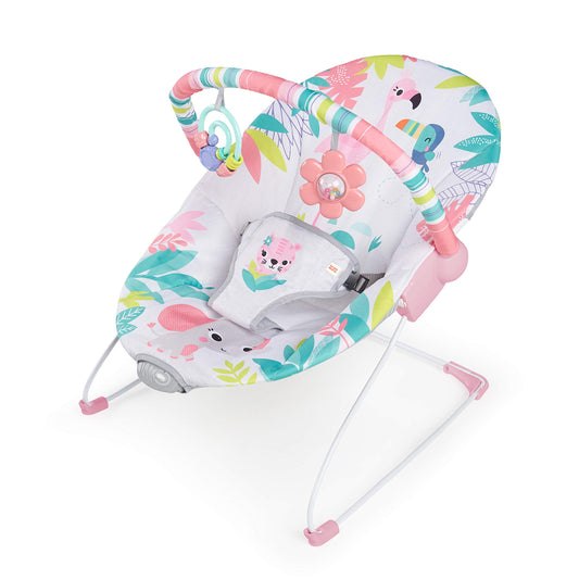 Bright Starts, Babywippe Babyschaukel Safari Fun mit Beruhigenden Vibrationen, Spielbogen mit 2 Spielzeugen, 3-Punkte-Gurt Sitz, Maschinenwaschbares Sitzpolster, ab der Geburt bis 9kg