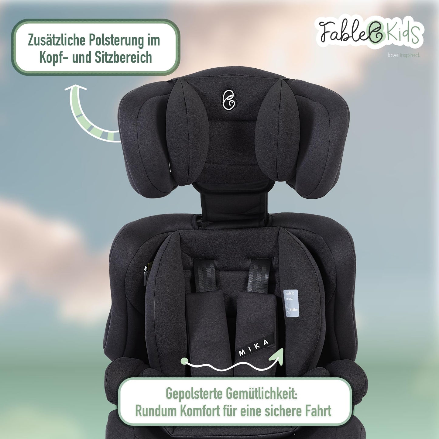 FableKids Kinderautositz 9-36 kg | 3-Punkt-Sicherheitsgurt | Autokindersitz ab 15 M. | Autositz für Kinder 76-150 cm | Kindersitz einstellbare Kopfstütze ECE R129/03 | Verstellbar | Schwarz