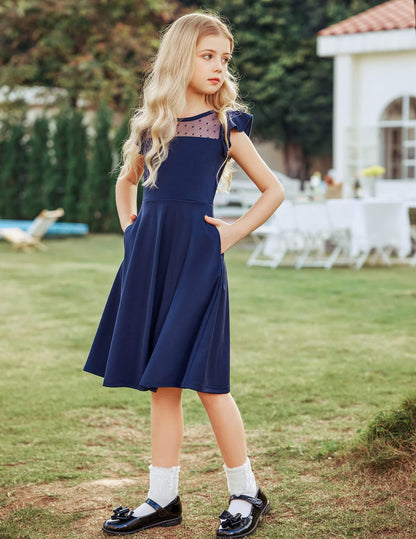 Arshiner Girls Dress Summer Dress Ruffle Short Sleeve Mesh A Line Casual Party Dresses with Pockets Kids Dresses for 6-13 Years 