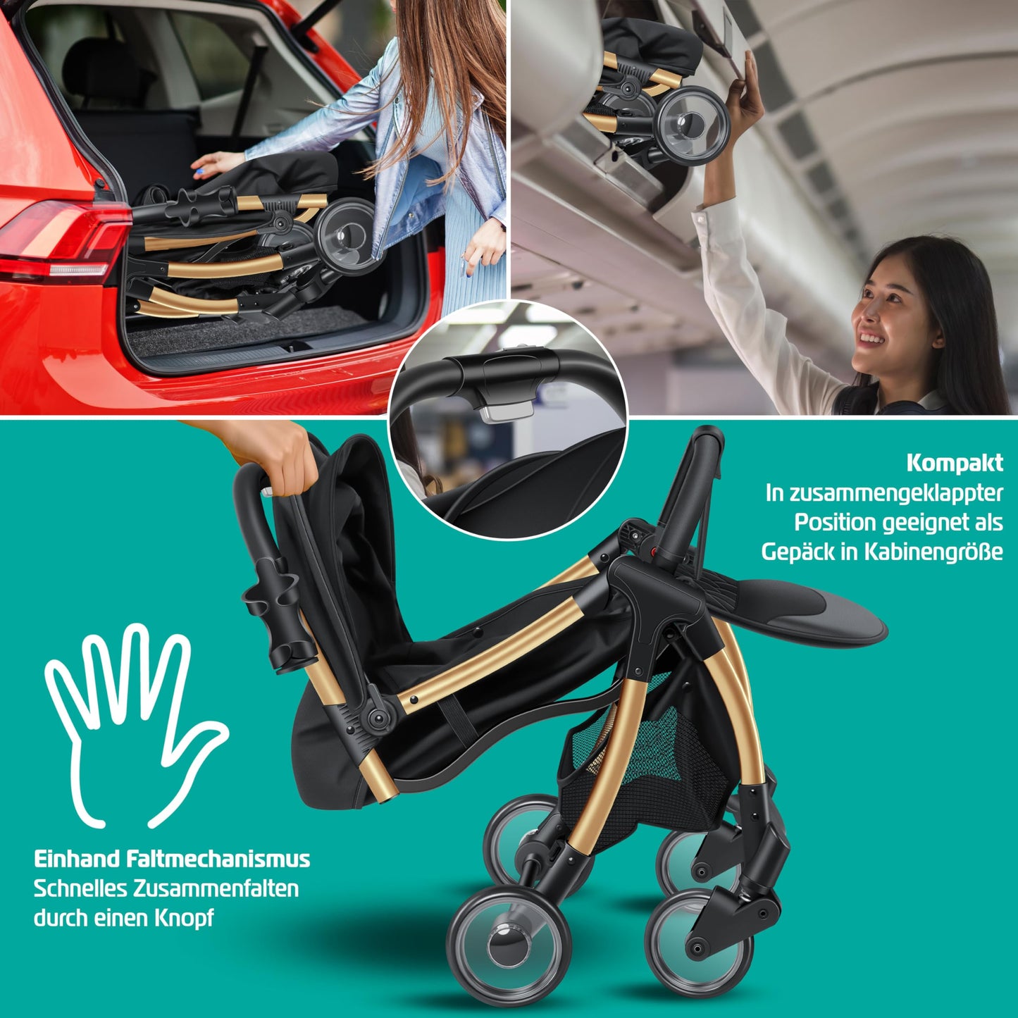 KIDIZ® Folding Pushchair, Sports Pram, 360° Wheels, 5-Point Harness, incl. Drinks Holder, Rain Cover, Adjustable Backrest and Sun Canopy, Red