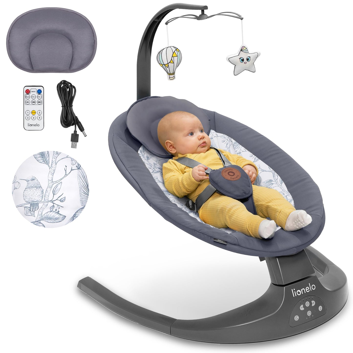 LIONELO Ralf 2-in-1 baby bouncer and recliner, remote control, 12 melodies, two rocking directions, 5 rocking speeds, locking, backrest adjustment, timer, quiet operation 