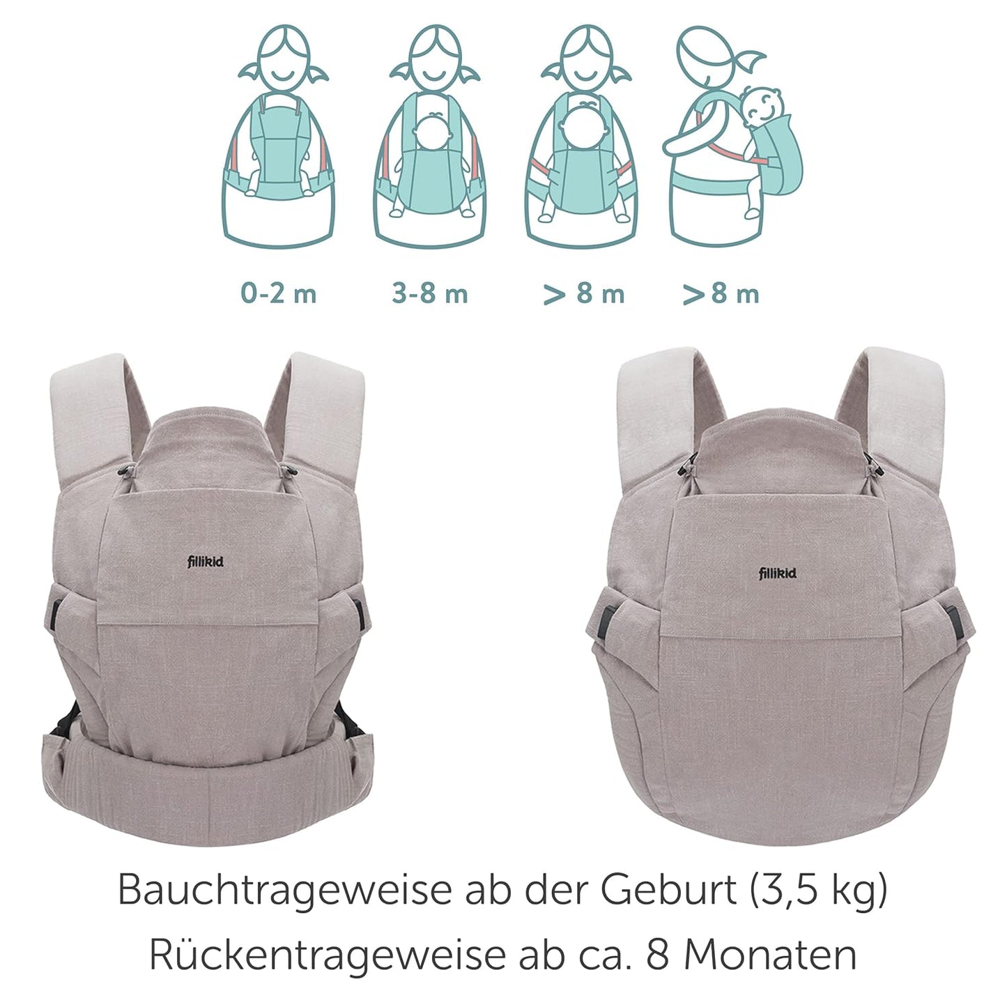 Fillikid Babytrage Natural ab 3,5-20 kg für Bauch-, Hüft und Rückentrageposition - Grau