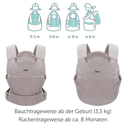 Fillikid Babytrage Natural ab 3,5-20 kg für Bauch-, Hüft und Rückentrageposition - Grau