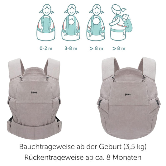 Fillikid Babytrage Natural ab 3,5-20 kg für Bauch-, Hüft und Rückentrageposition - Grau