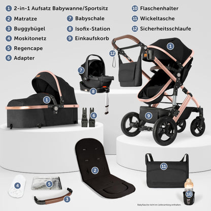 Bergsteiger Nizza 3 in 1 Kinderwagen, Kombikinderwagen Komplettset, Auto-Babyschale & Isofix Station, Babywanne & Buggy Sportsitz inklusive