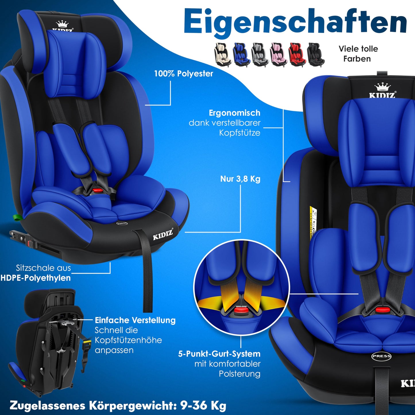 KIDIZ® Autokindersitz Kinderautositz Gruppe 1+2+3 9-36 kg 5-Punkt-Sicherheitsgurt, Autositz, Kindersitz, Einstellbare Kopfstütze, Mitwachsende Sitzerhöhung 1-12 Jahre, Stabil und Sicher