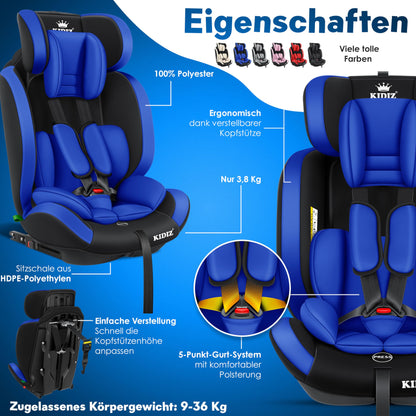 KIDIZ® Autokindersitz Kinderautositz Gruppe 1+2+3 9-36 kg 5-Punkt-Sicherheitsgurt, Autositz, Kindersitz, Einstellbare Kopfstütze, Mitwachsende Sitzerhöhung 1-12 Jahre, Stabil und Sicher