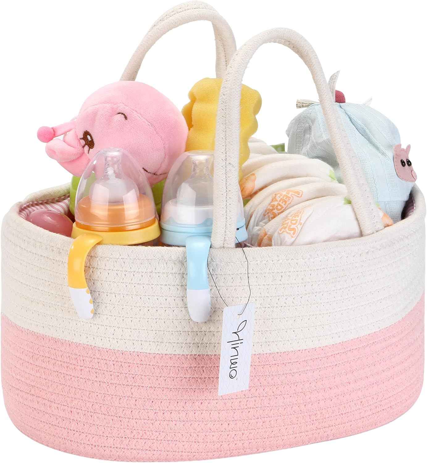 Hinwo Baby Nappy Caddy Triple Infant Nursery Shopping Bag Portable Car Organiser Newborn Shower Gift Basket Cotton Rope with Removable Divider for Nappies & Wipes