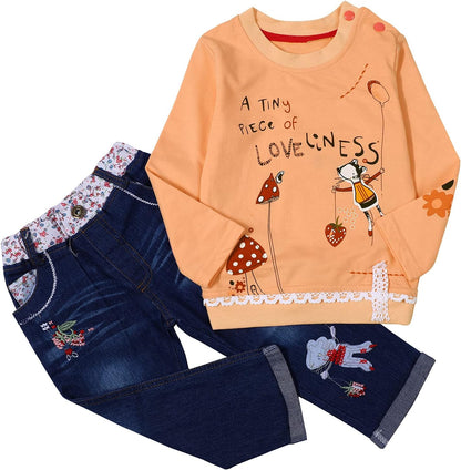 MAXIMGR Baby-Kleidung für Mädchen, Kleinkind, Mädchen, Herbst-Outfit, niedlich, langärmelig, Cartoon-Pullover, Denim-Hose, Sets für Herbst und Winter