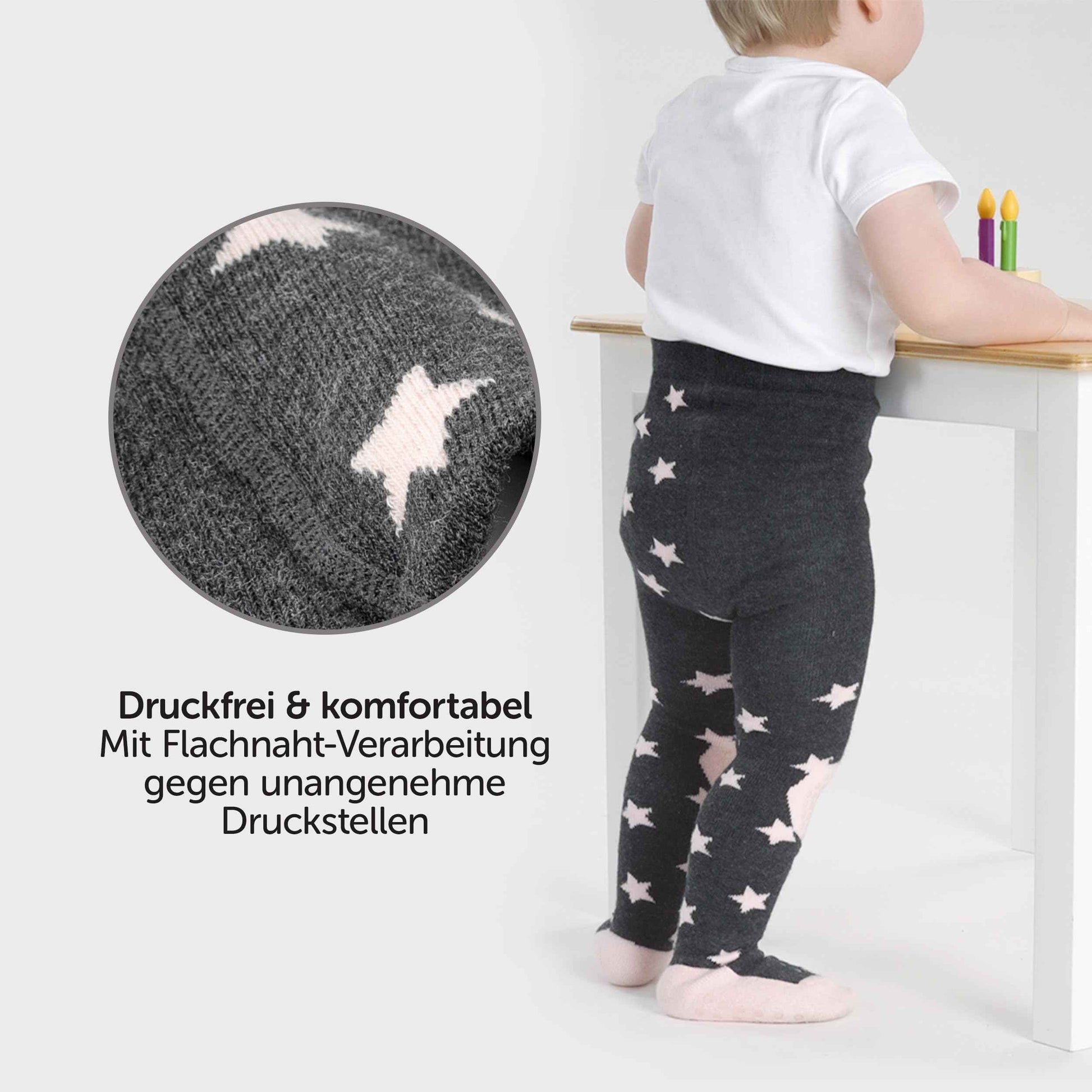 LaLoona Baby Crawling Tights with ABS Sole - Elastic Children's Tights with Non-Slip Nubs - Stars / Pink
