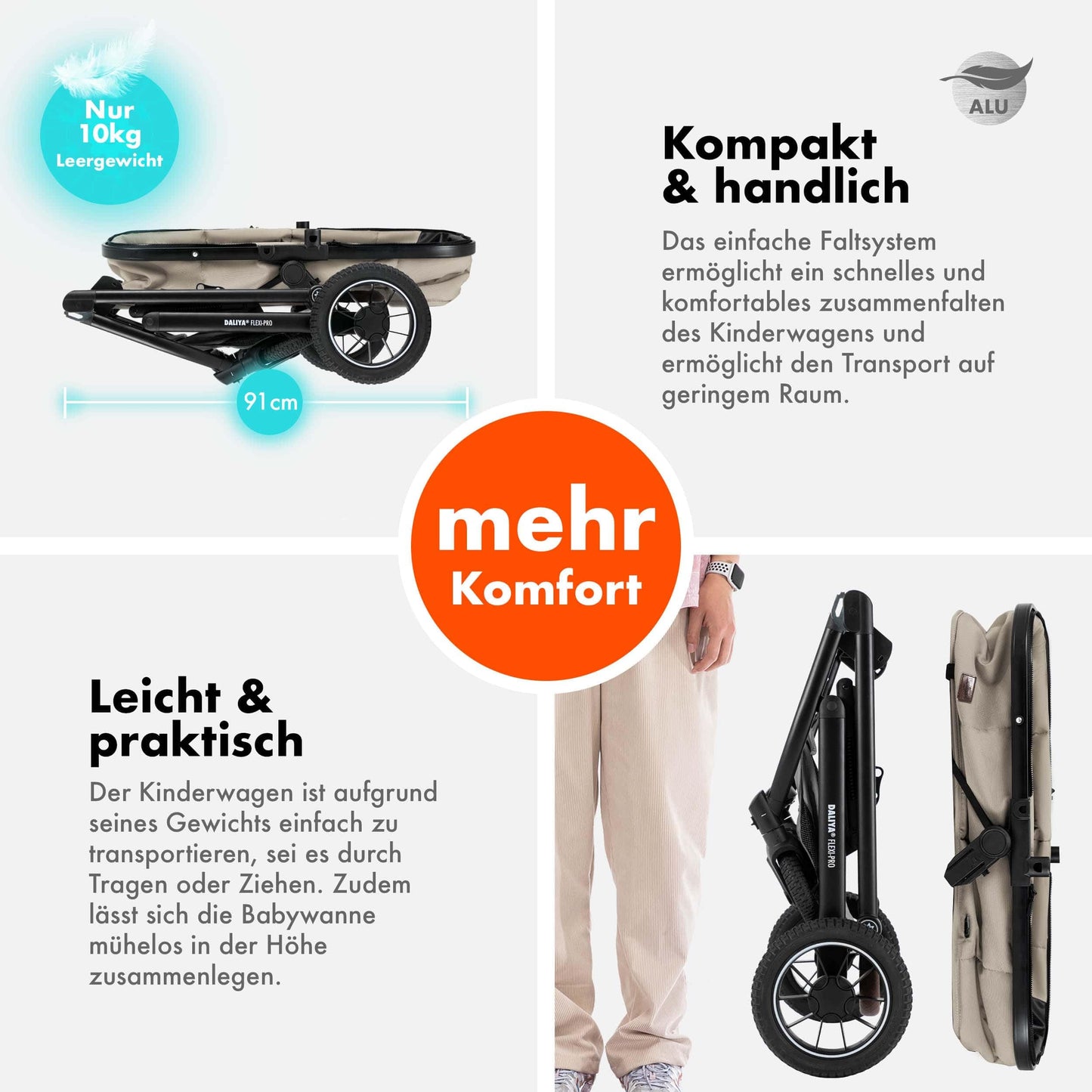 Daliya® FLEXI-PRO M 2in1 Kombikinderwagen & Buggy – XXL-Set, Reise-Kinderwagen mit Einhand-Abnahme, Wetterschutz, Sportsitz, Wickeltasche, Spieltisch, Regenschutz, dicke Matratze (Olivgrün)
