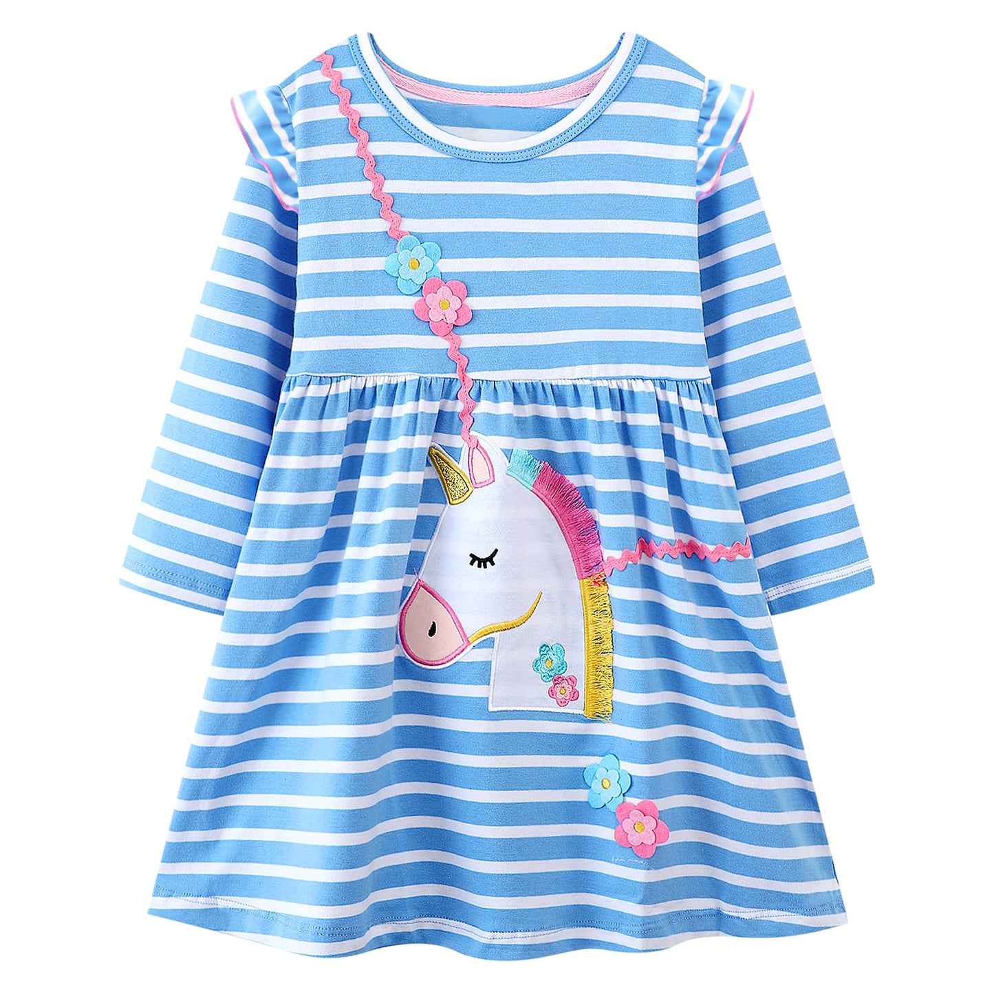 FILOWA Kleider für Mädchen Kinder Einhorn Blumen Stickerei Herz Druck Tier Sommerkleid Cartoon Kinderkleider Embroider Baumwolle Mädchenkleid Lange/Ärmellos Lässige Geburtstag Kinderkleidung,Gr.92-128