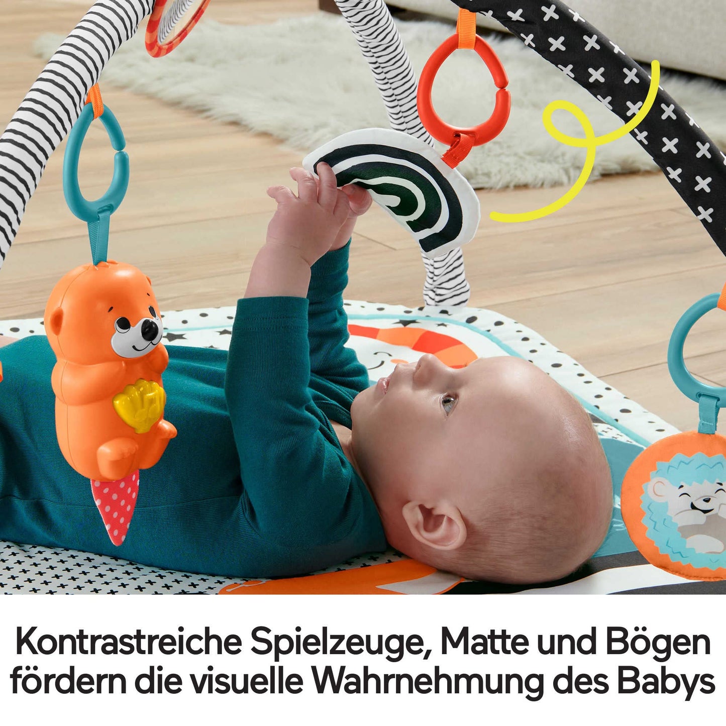 Fisher-Price Animal Friends Contrast Play Mat, Play Arch, with Music and Light, Crawling Mat for Baby, for Tummy Time Play, Baby Equipment, from Birth, HPF39 