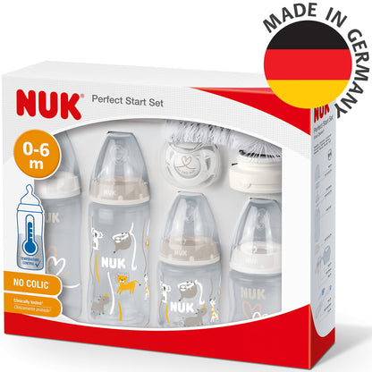 NUK Perfect Match Perfect Start Babyflaschenset | Ab 0 Monate | Passt sich dem Baby an | 4 Anti-Colic-Babyflaschen, Schnuller, Flaschenbürste und mehr | BPA-frei | 7 Stück