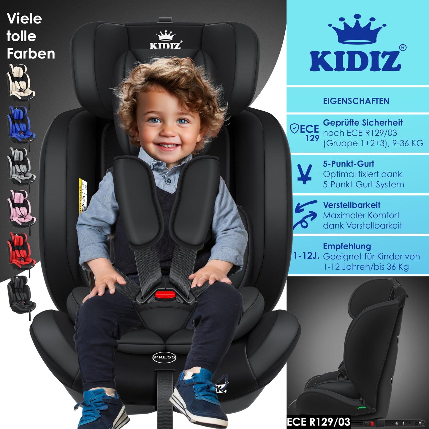 KIDIZ® Autokindersitz Kinderautositz Gruppe 1+2+3 9-36 kg 5-Punkt-Sicherheitsgurt, Autositz, Kindersitz, Einstellbare Kopfstütze, Mitwachsende Sitzerhöhung 1-12 Jahre, Stabil und Sicher