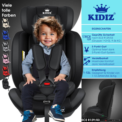 KIDIZ® Autokindersitz Kinderautositz Gruppe 1+2+3 9-36 kg 5-Punkt-Sicherheitsgurt, Autositz, Kindersitz, Einstellbare Kopfstütze, Mitwachsende Sitzerhöhung 1-12 Jahre, Stabil und Sicher