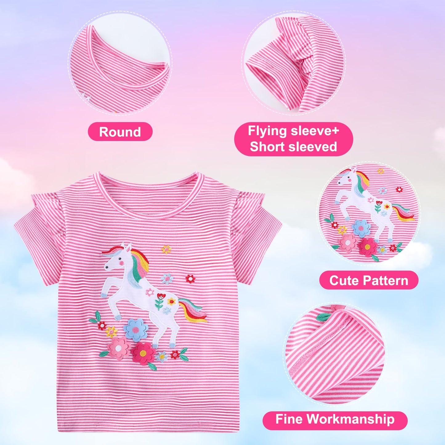 JinBei Mädchen T-Shirts Baumwolle Kinder Kurzarm Oberteile Rundhals Tops Shirts Atmungsaktiven Sommer Kleidung Niedlichen Mustern Sportshirt Casual Rosa und Weiß Streifen 2-7 Jahre, GR. 92-122