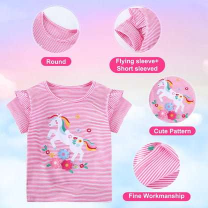 JinBei Mädchen T-Shirts Baumwolle Kinder Kurzarm Oberteile Rundhals Tops Shirts Atmungsaktiven Sommer Kleidung Niedlichen Mustern Sportshirt Casual Rosa und Weiß Streifen 2-7 Jahre, GR. 92-122