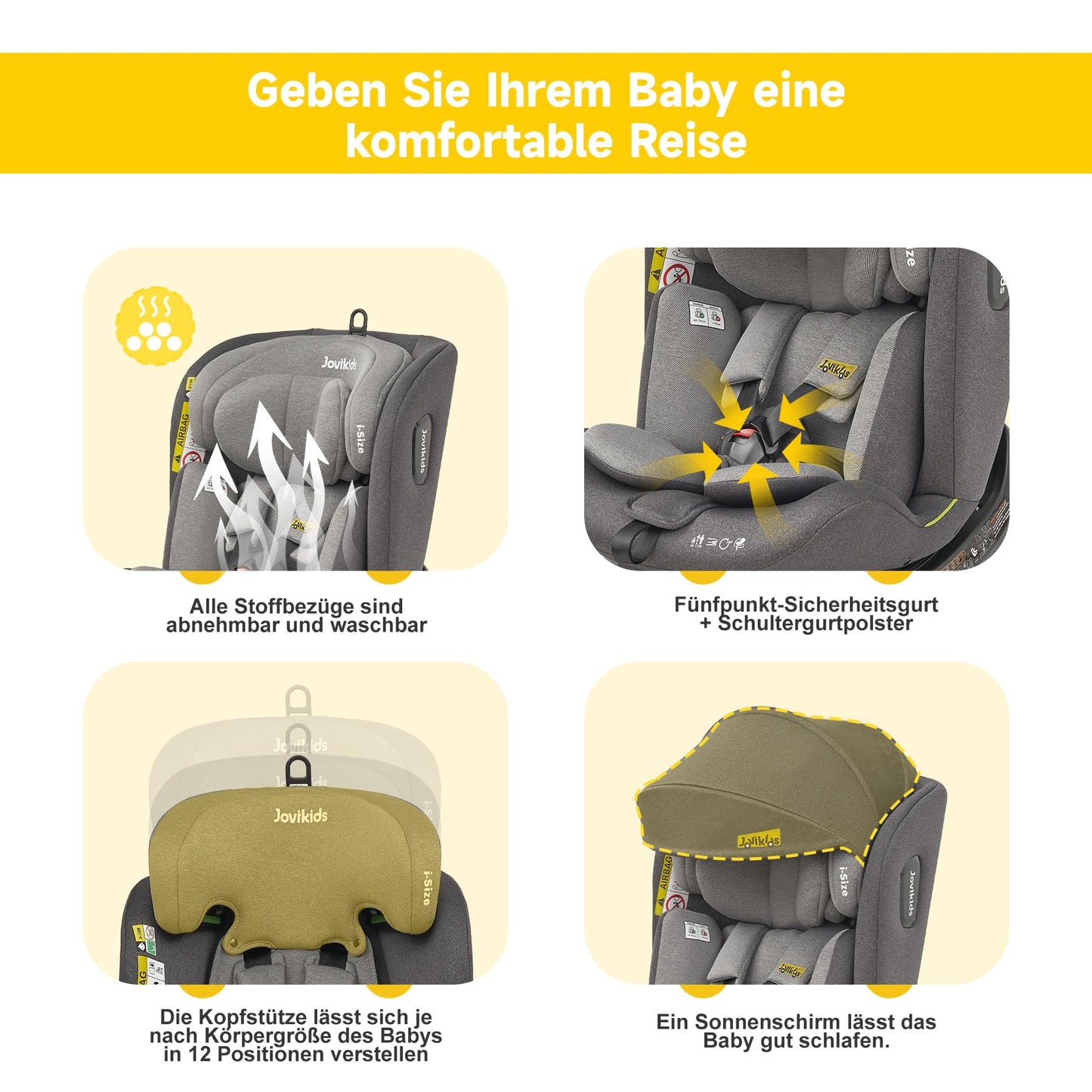 Jovikids 360° Drehbar Kindersitz mit ISOFIX, i-Size 40-150cm(ab Geburt -12 Jahre) Baby Autositz Reboarder mit Liegefunktion & Abnehmbar Vordach, ECE R129 (Rosa) - Meloni2