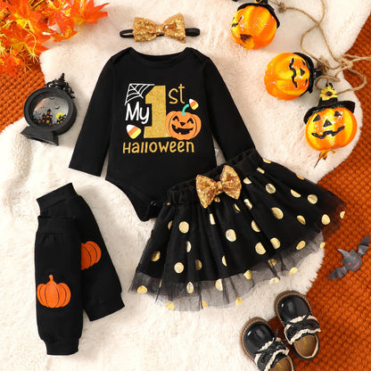 Baby Girl Halloween Outfit, My First Halloween Baby Girl Clothing, Halloween Outfit Baby, Newborn Halloween Baby Pumpkin Romper + Tutu Skirt + Leg Warmer + Headband, Baby Clothing Halloween