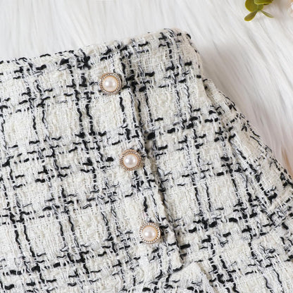 UUAISSO Kleinkind Baby Mädchen Kleidung Langarm Gerippte Oberteile Plaid Tweed Muster Rock Baskenmütze Herbst Knopf Outfits Sets
